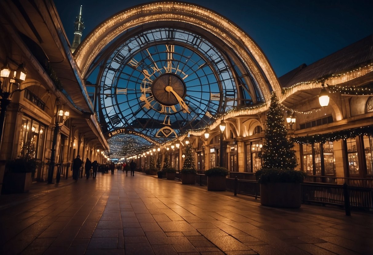 A clock strikes midnight over a romantic train station, with twinkling lights and a festive atmosphere, perfect for a New Year's Eve wedding celebration