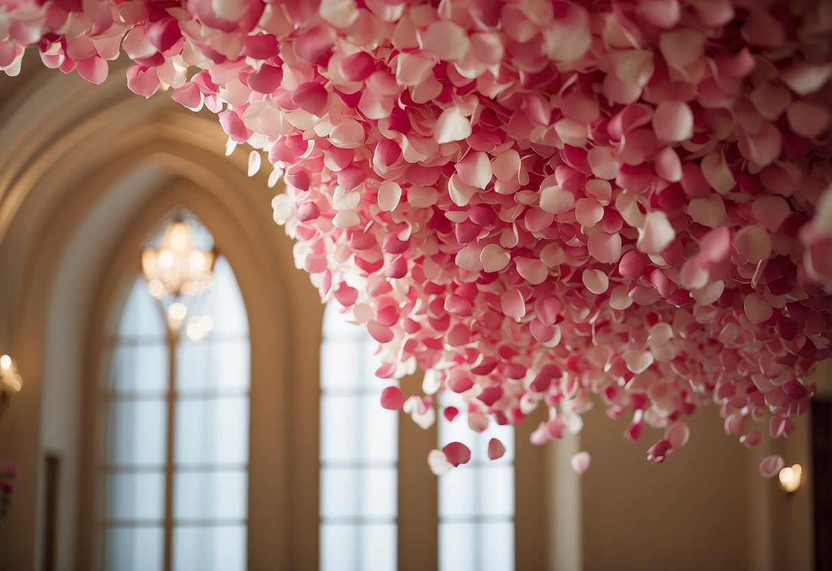 A graceful arch of rose petals adorns a wedding balloon display, creating a romantic and elegant atmosphere