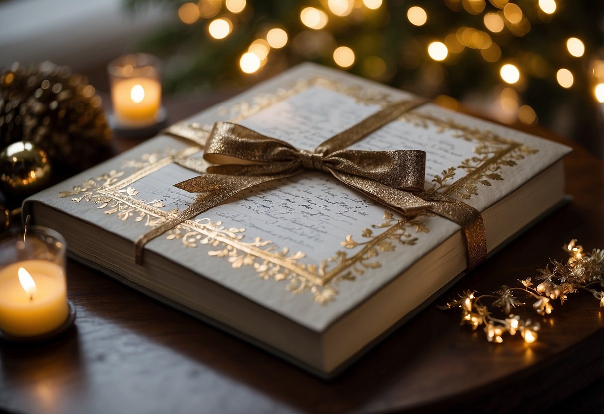 A beautifully decorated guest book sits on a table, surrounded by twinkling fairy lights and festive New Year's Eve decorations