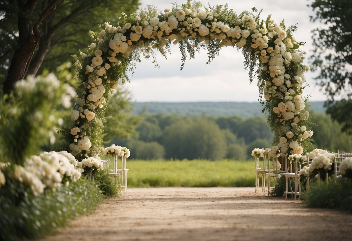 A rustic arch adorned with vintage lace and burlap, entwined with delicate flowers and greenery, stands as a beautiful backdrop for a wedding celebration