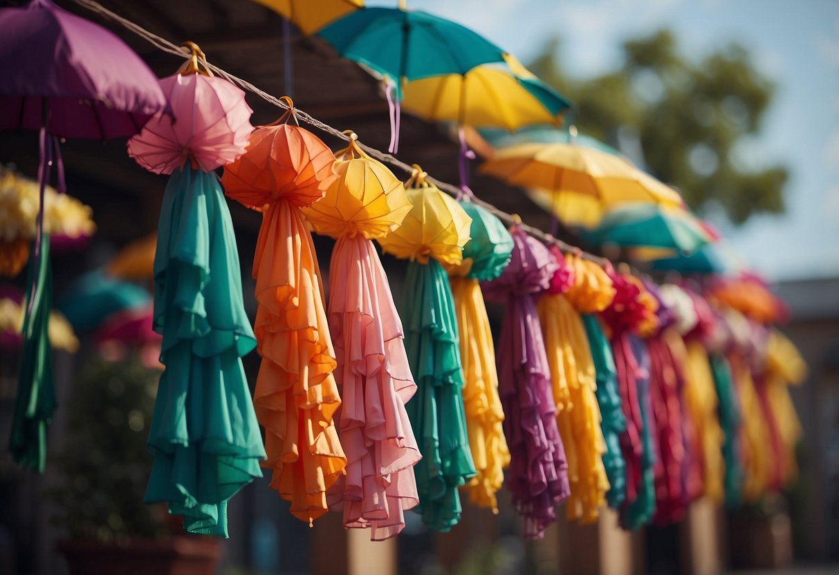 Colorful umbrellas hanging from strings, swaying in the breeze. Flowers and ribbons woven between them, creating a whimsical and festive atmosphere