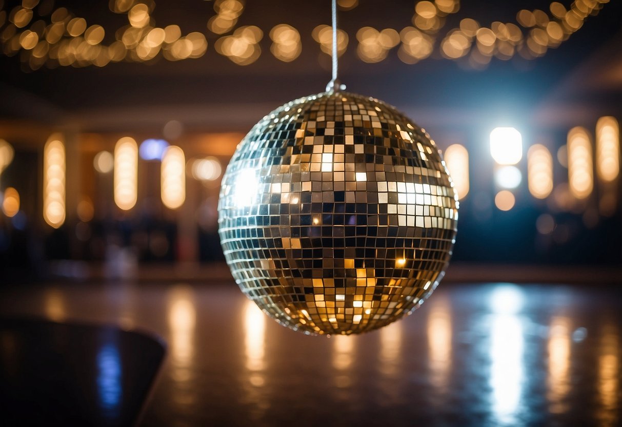 A grand ballroom with a sparkling disco ball hanging from the ceiling, reflecting shimmering lights across the room, creating a festive ambiance for a New Year's Eve wedding celebration