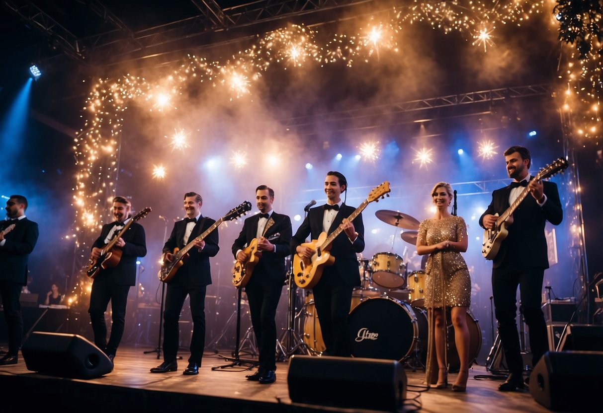 A live band performs on a stage adorned with twinkling lights and festive decorations for a New Year's Eve wedding celebration