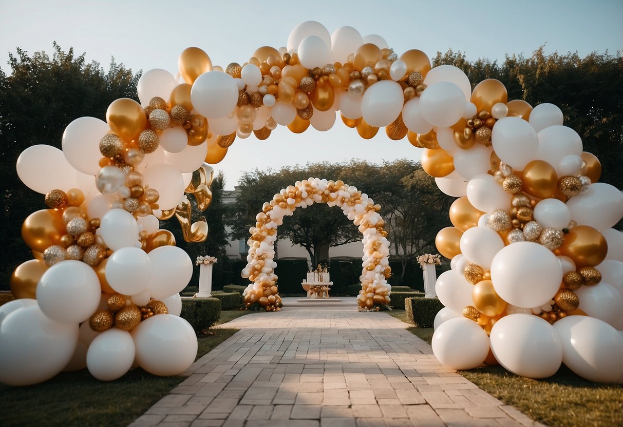 A grand white and gold arch stands tall, adorned with balloons, creating a stunning and elegant wedding atmosphere