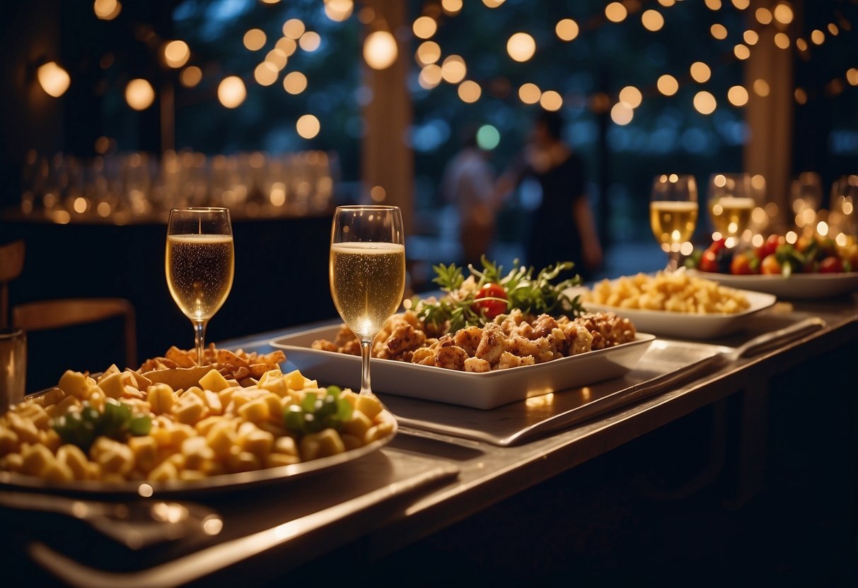 A festive wedding reception at Midnight Snack Bar, with twinkling lights, champagne flutes, and a midnight snack buffet