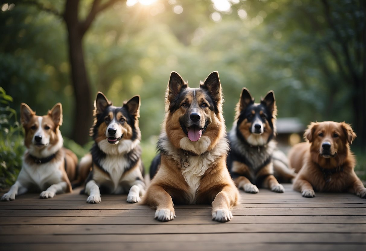 Dogs in various yoga poses, surrounded by calming nature, with serene expressions and relaxed body language