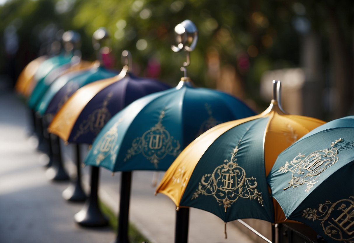 A row of monogrammed umbrellas, each adorned with intricate designs, displayed as wedding decorations