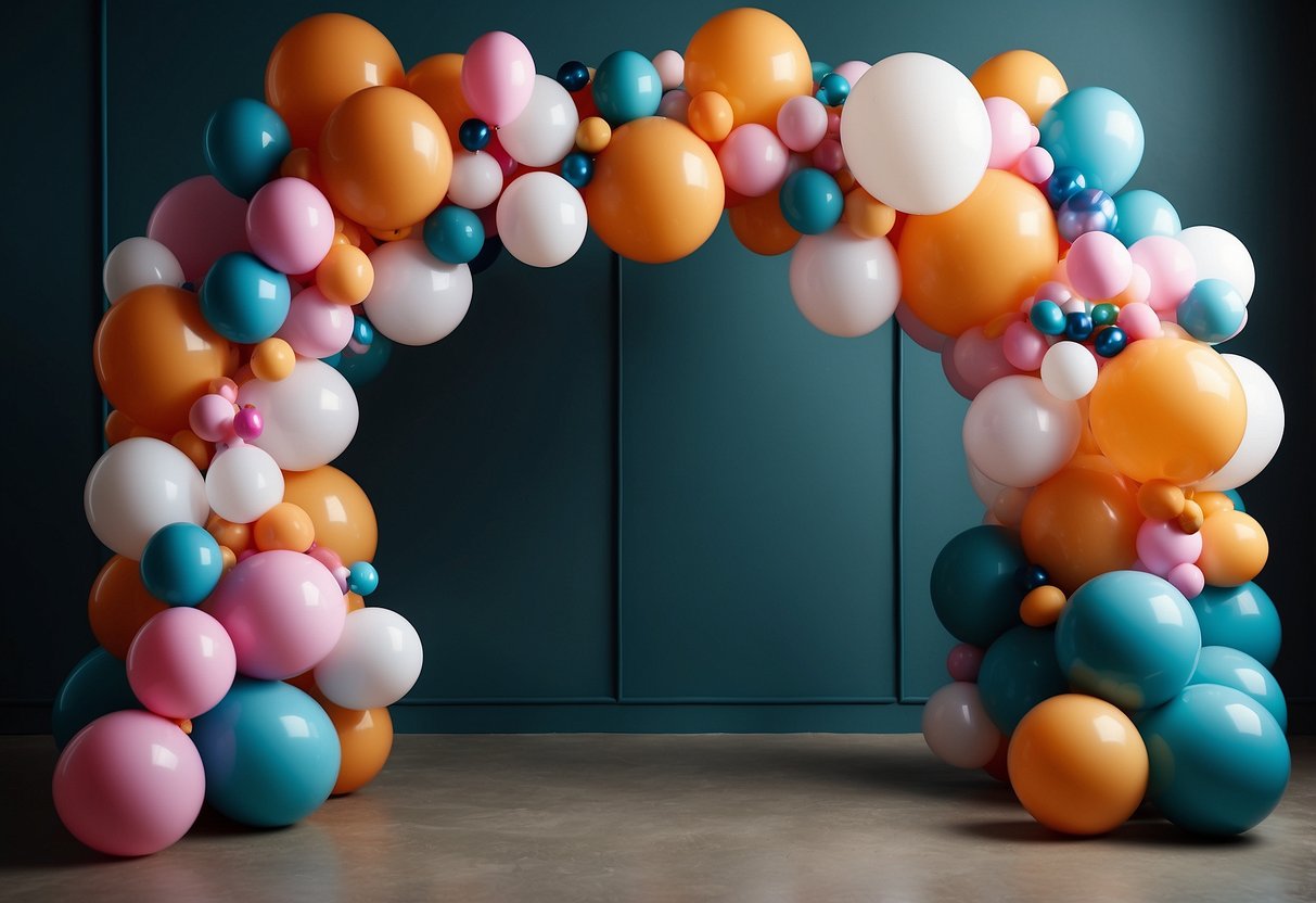 A sleek, modern wedding arch made of geometric balloons in a variety of shapes and sizes, creating a striking and contemporary focal point