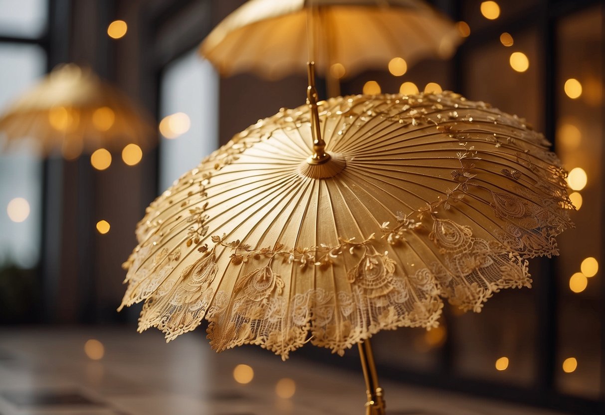 Golden parasols hang from the ceiling, casting shimmering patterns on the floor. Delicate lace and floral details adorn the edges, creating a romantic and elegant atmosphere