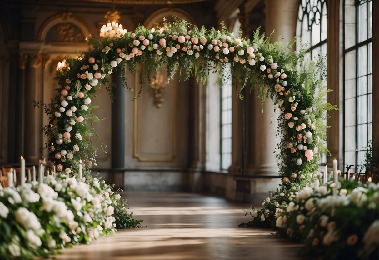 A lush greenery arch adorned with balloons, creating a whimsical and romantic atmosphere for a wedding celebration