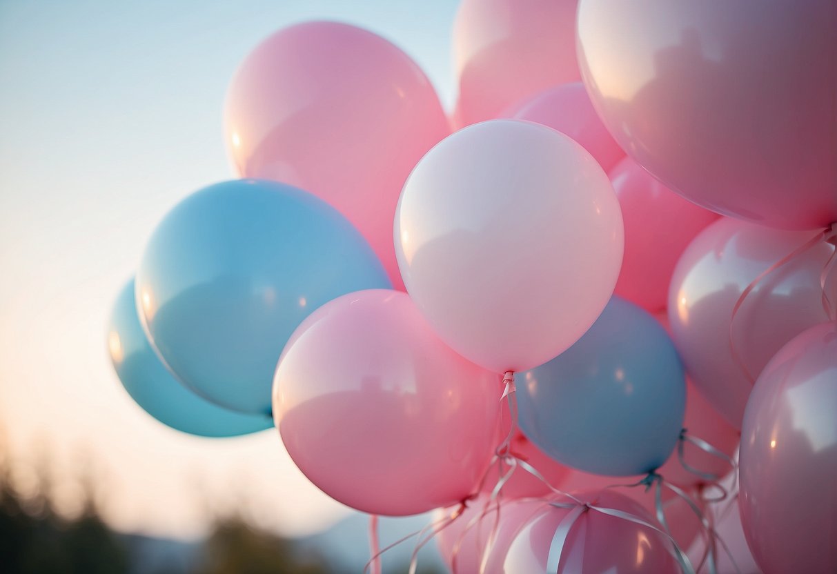 A pastel ombre balloon arch stands tall, with balloons fading from soft pink to light blue, creating a dreamy and romantic atmosphere