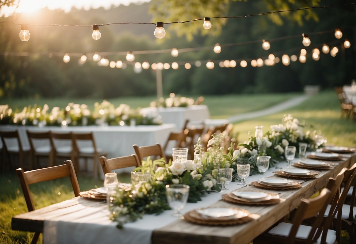 A simple outdoor wedding with homemade decor, string lights, and wildflower centerpieces. Tables are set with DIY place cards and mismatched china