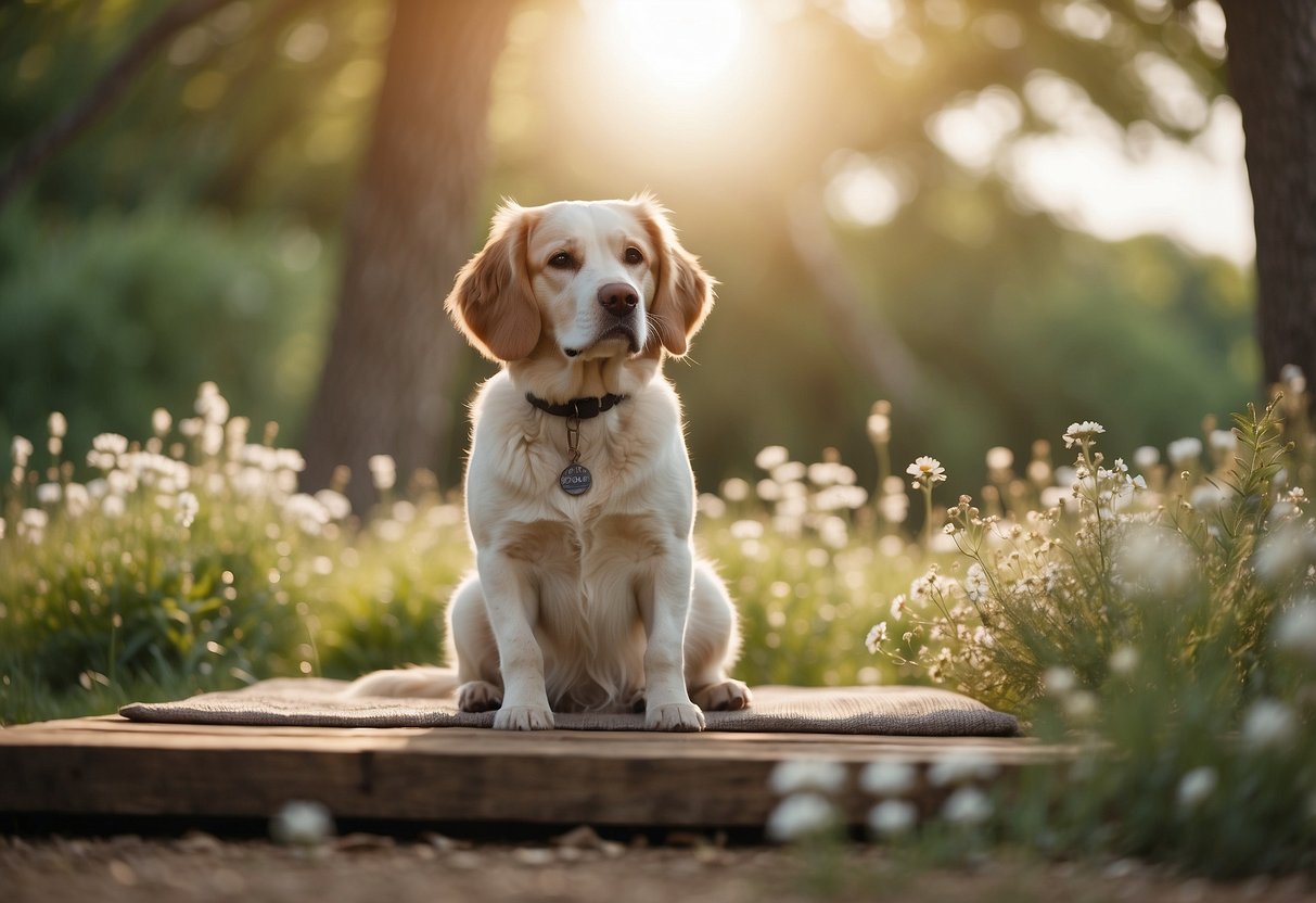 A serene dog practicing yoga in a peaceful natural setting, surrounded by calming elements like trees, flowers, and gentle sunlight