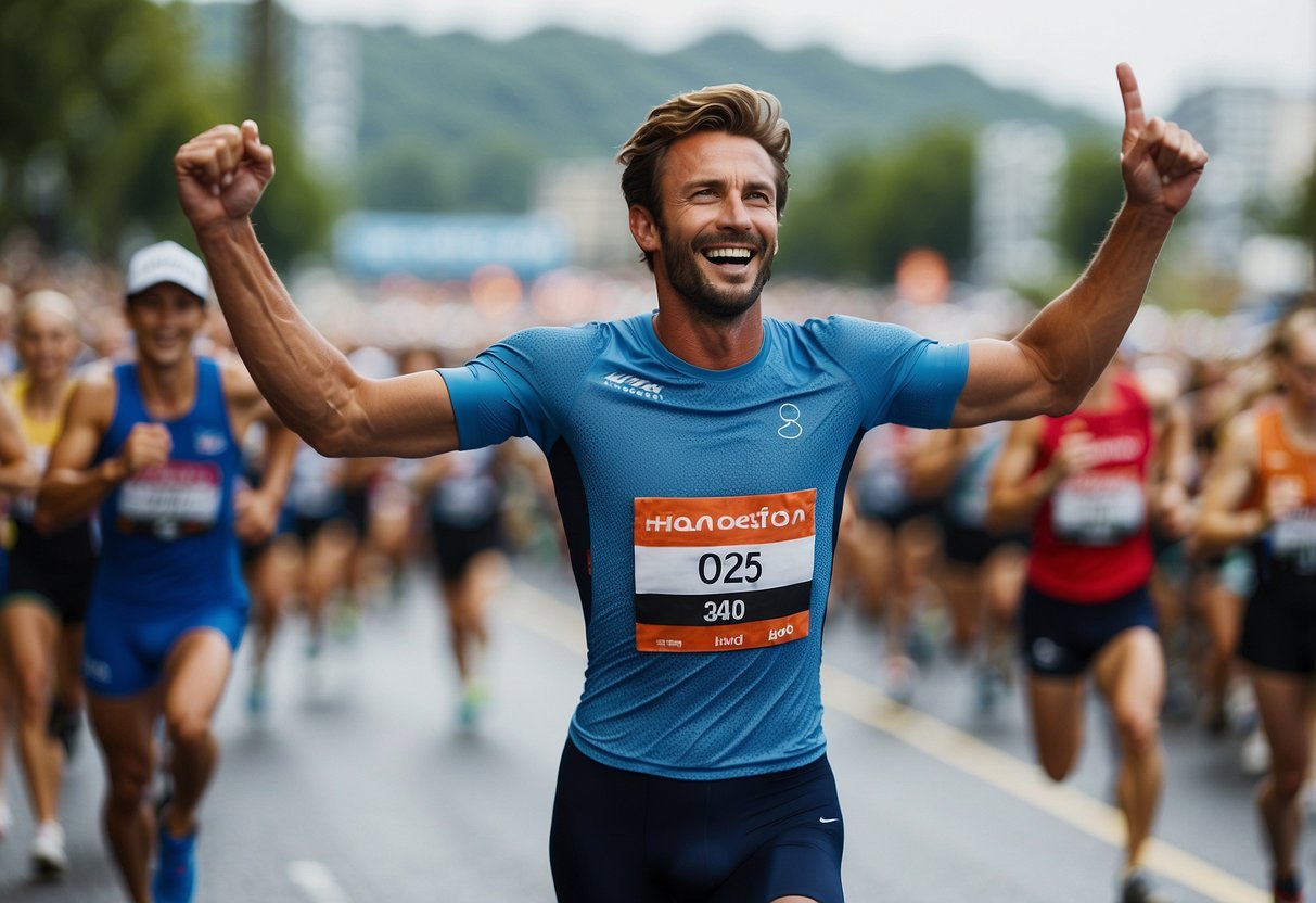 The winner of the race reaches the finish line, greeted by cheers and applause