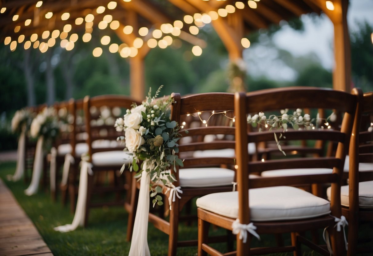 A charming backyard wedding venue with string lights, floral arch, and rustic wooden chairs for affordable wedding ideas