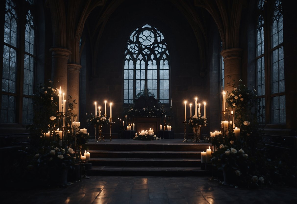 A dark, gothic wedding setting with black roses, candlelit altar, and eerie decor. A full moon shines through the windows, casting haunting shadows