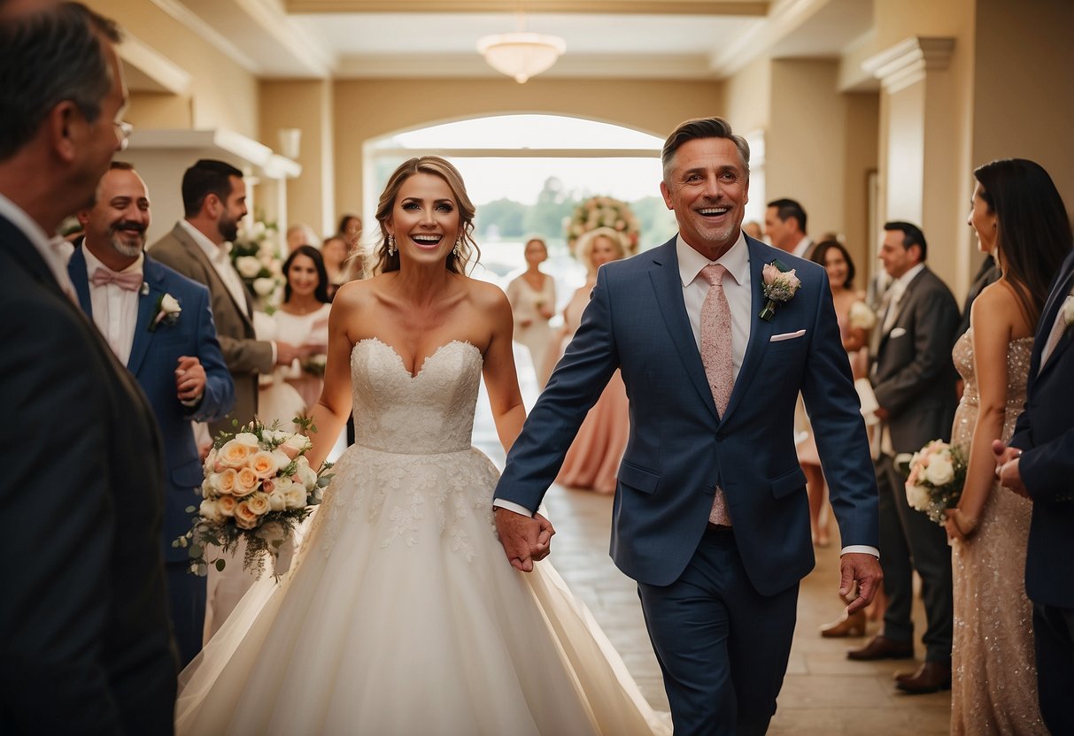 Excited parents of the bride enter the wedding venue, beaming with pride and joy as they lead the way for their daughter's special day