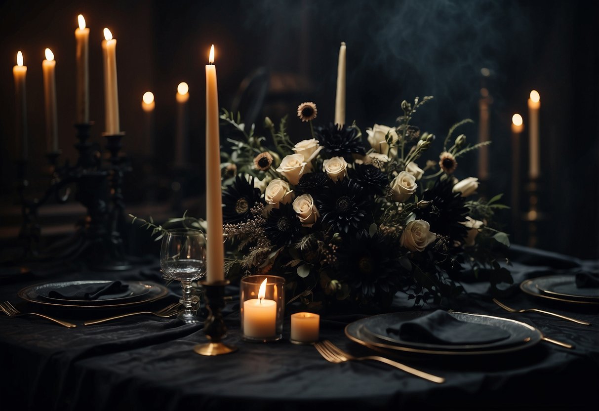 A black flower bouquet sits on a gothic wedding table, surrounded by dark candles and eerie decor. The Friday the 13th theme is evident in the haunting atmosphere