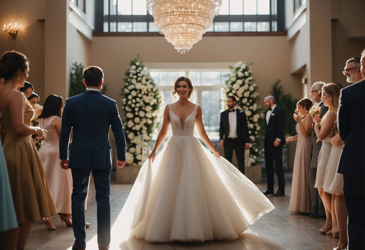 A woman in an elegant dress enters the wedding venue with confidence and grace, drawing all eyes to her as she takes her place at the front