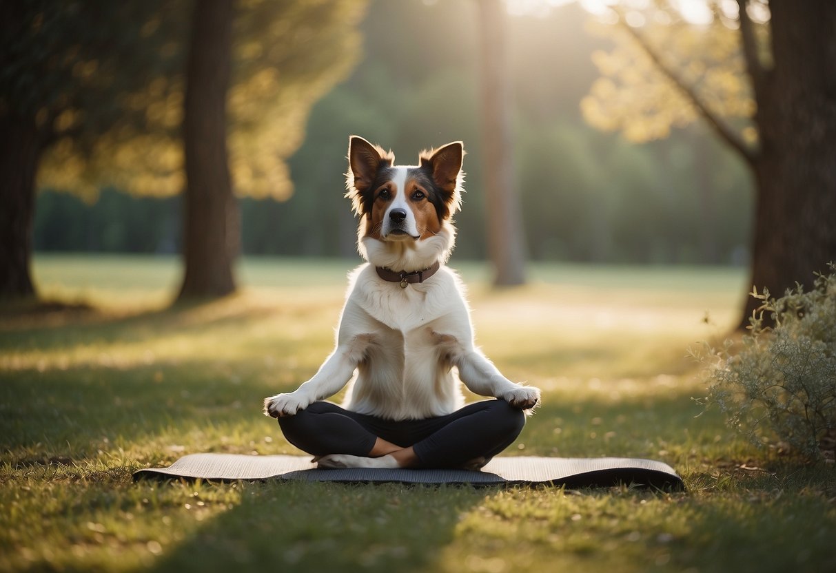 A dog and its owner practicing yoga together in a peaceful, natural setting. The dog is mirroring the owner's poses, creating a harmonious and calming atmosphere