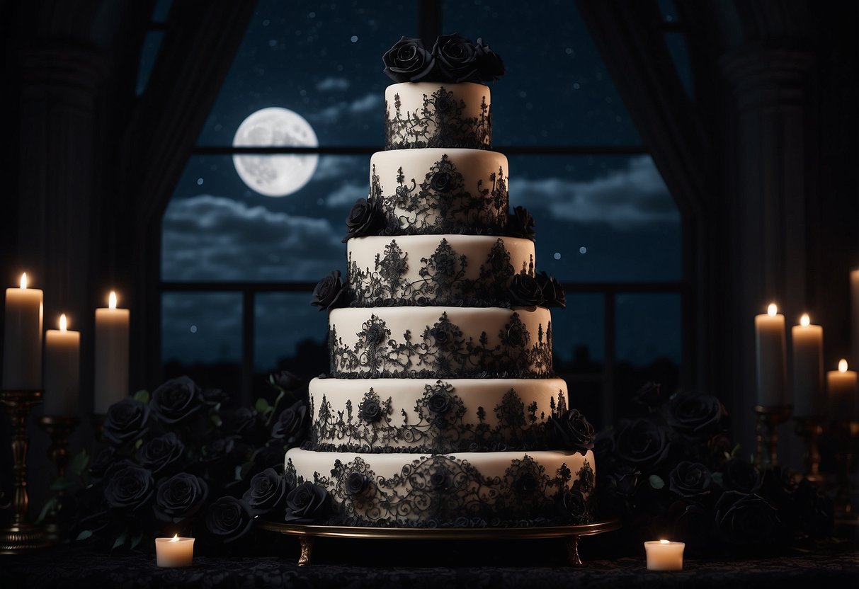 A towering gothic wedding cake adorned with black roses and intricate lace details, set against a backdrop of eerie moonlit skies and flickering candlelight