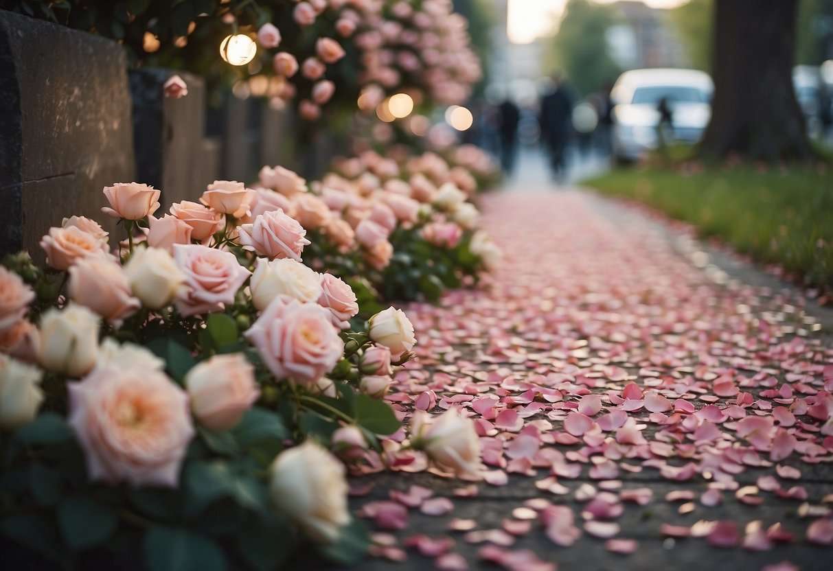 A bouquet of flowers and a trail of rose petals leading to a grand entrance