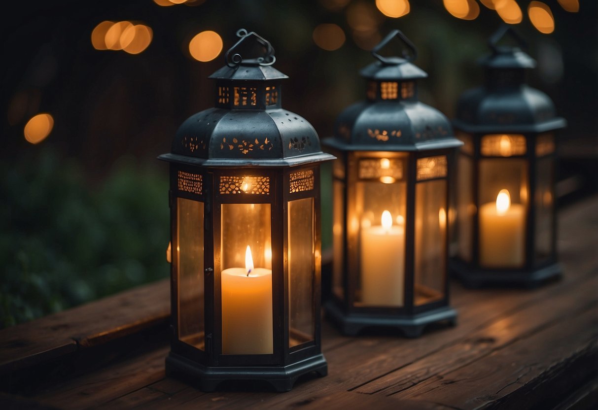 Vintage lanterns hold flickering candles, casting a warm glow. The setting is mysterious and romantic, perfect for a Friday the 13th wedding