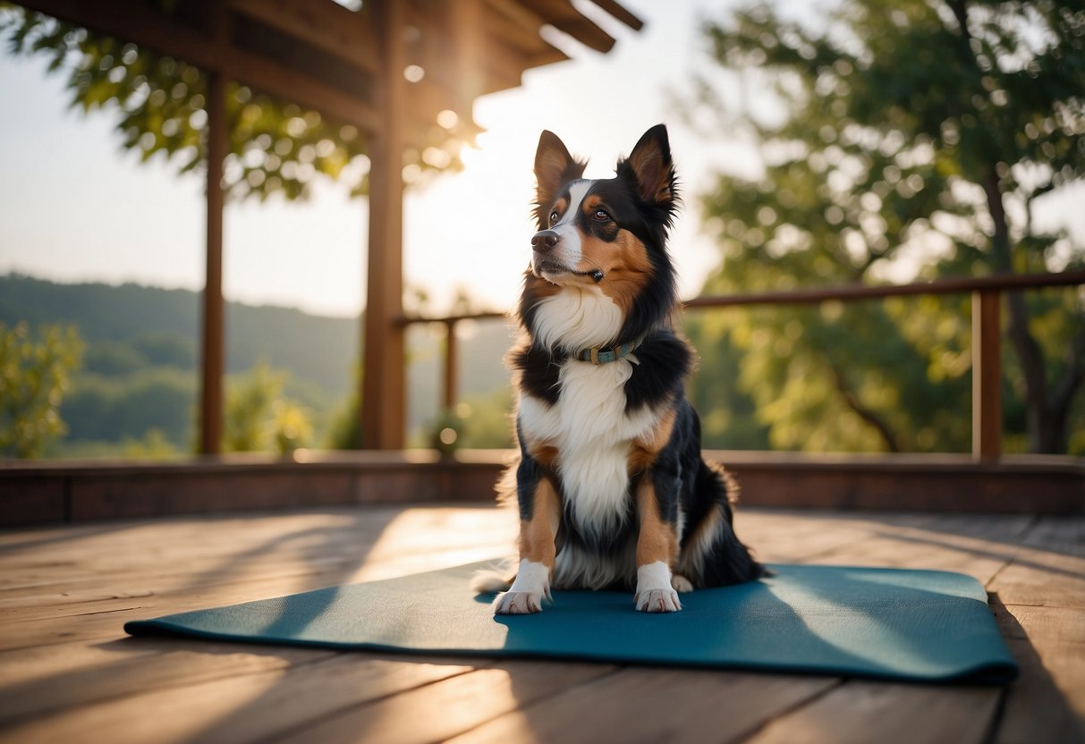 A dog sits calmly on a yoga mat, surrounded by peaceful nature. The sun shines down, creating a serene atmosphere for the dog to practice yoga safely