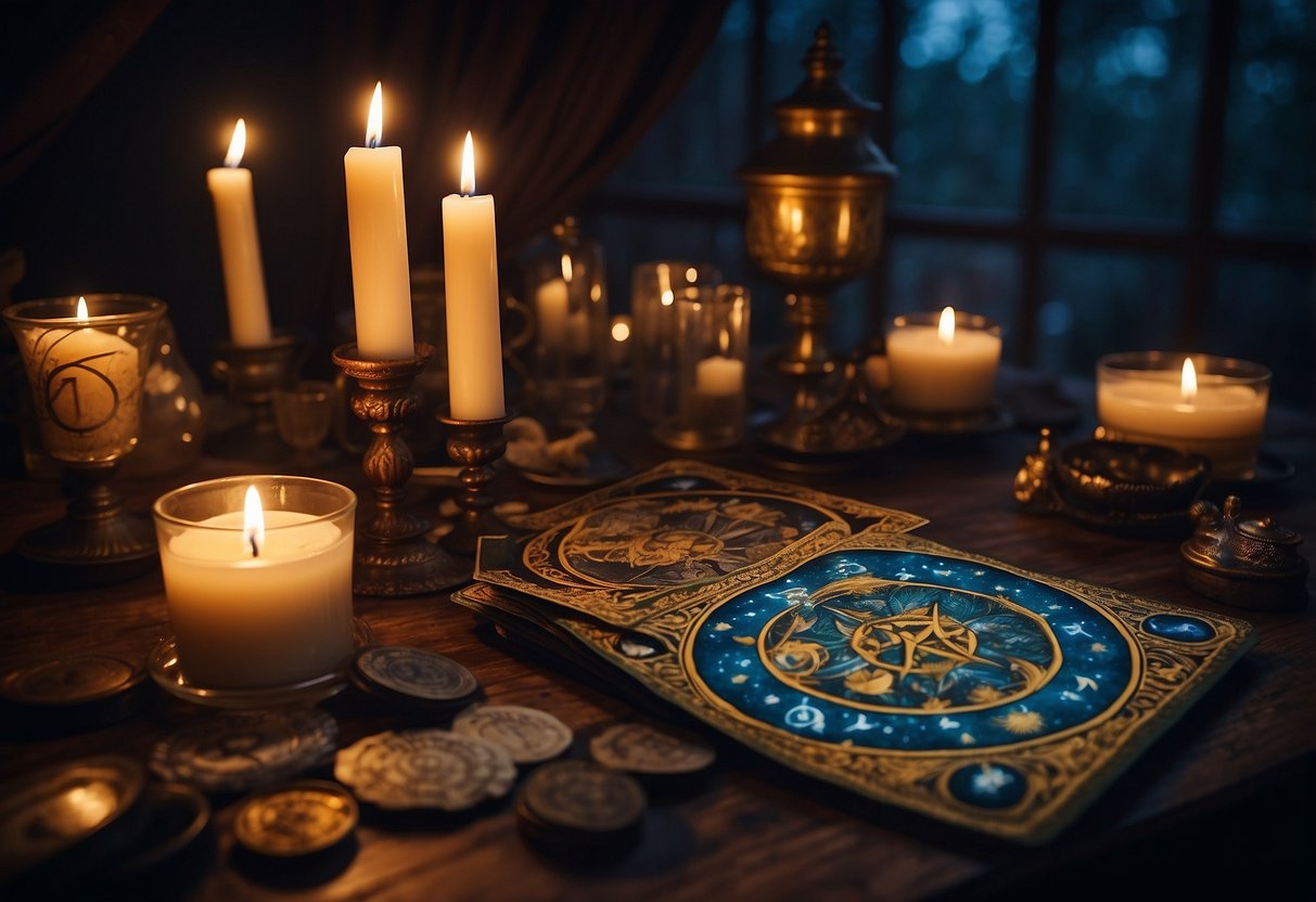 A table adorned with tarot cards, candles, and mystical symbols. A full moon illuminates the scene, adding an eerie yet enchanting atmosphere