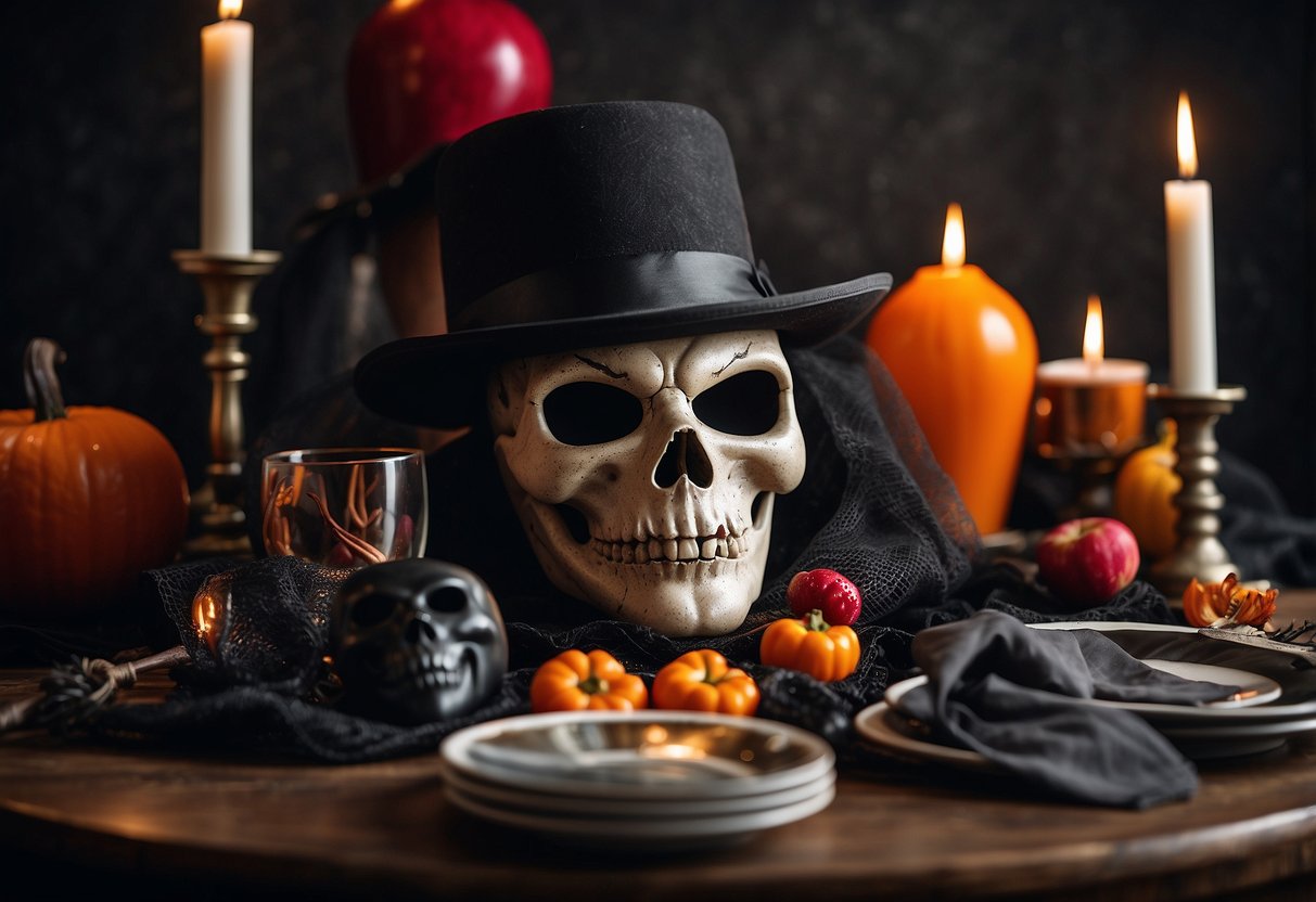 A table with spooky photo booth props, including masks, hats, and fake blood, set up for a Friday the 13th wedding