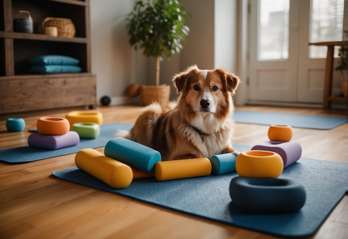 A dog surrounded by yoga mats, blocks, and toys, with a water bowl nearby. Peaceful atmosphere with soft lighting and calming music