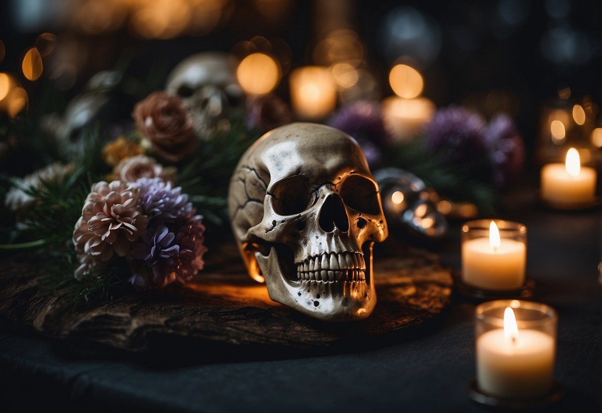 A table displays skull-shaped wedding favors, with eerie lighting and Friday the 13th decorations