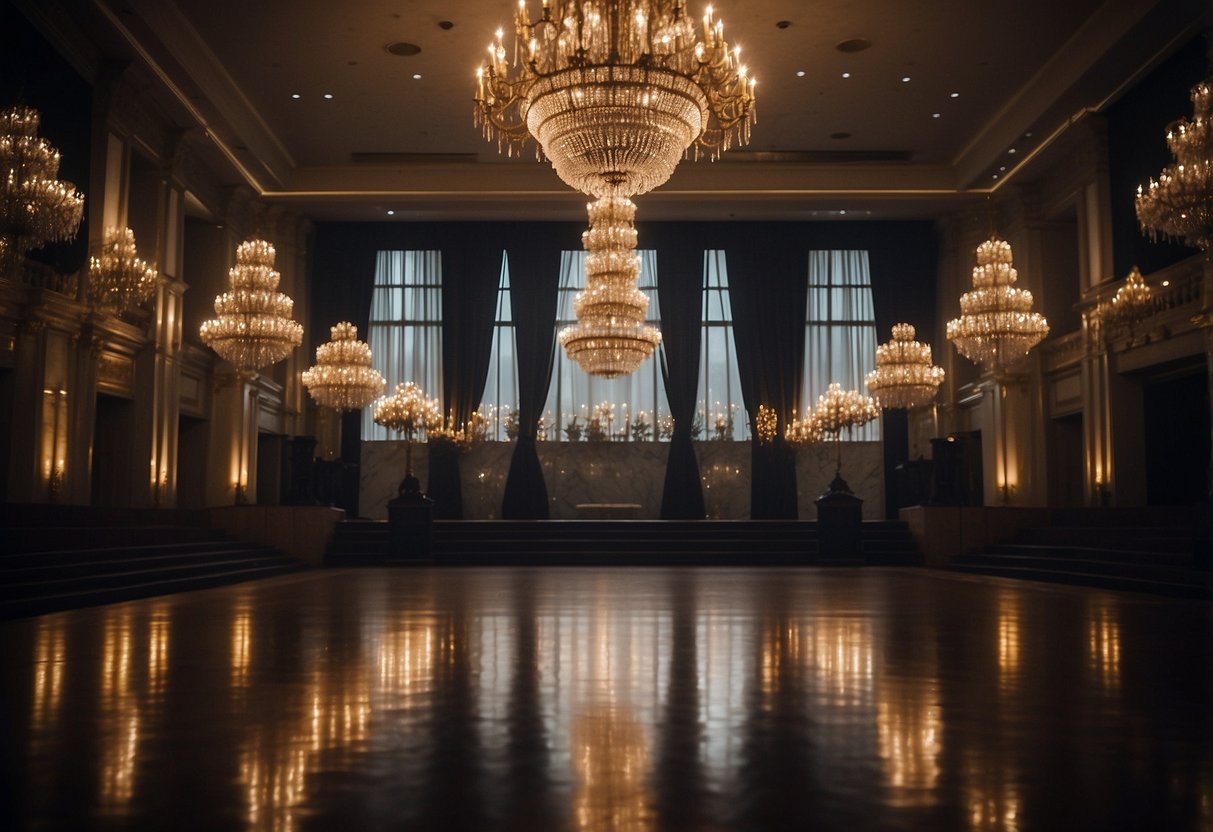 A grand ballroom with dimly lit chandeliers and heavy, dark drapes cascading from the ceiling, creating an eerie and ominous atmosphere for a Friday 13th wedding