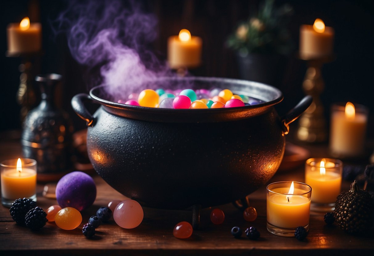 A cauldron bubbles with colorful concoctions, surrounded by flickering candles and mystical ingredients, setting the scene for a witchy Friday 13th wedding cocktail bar