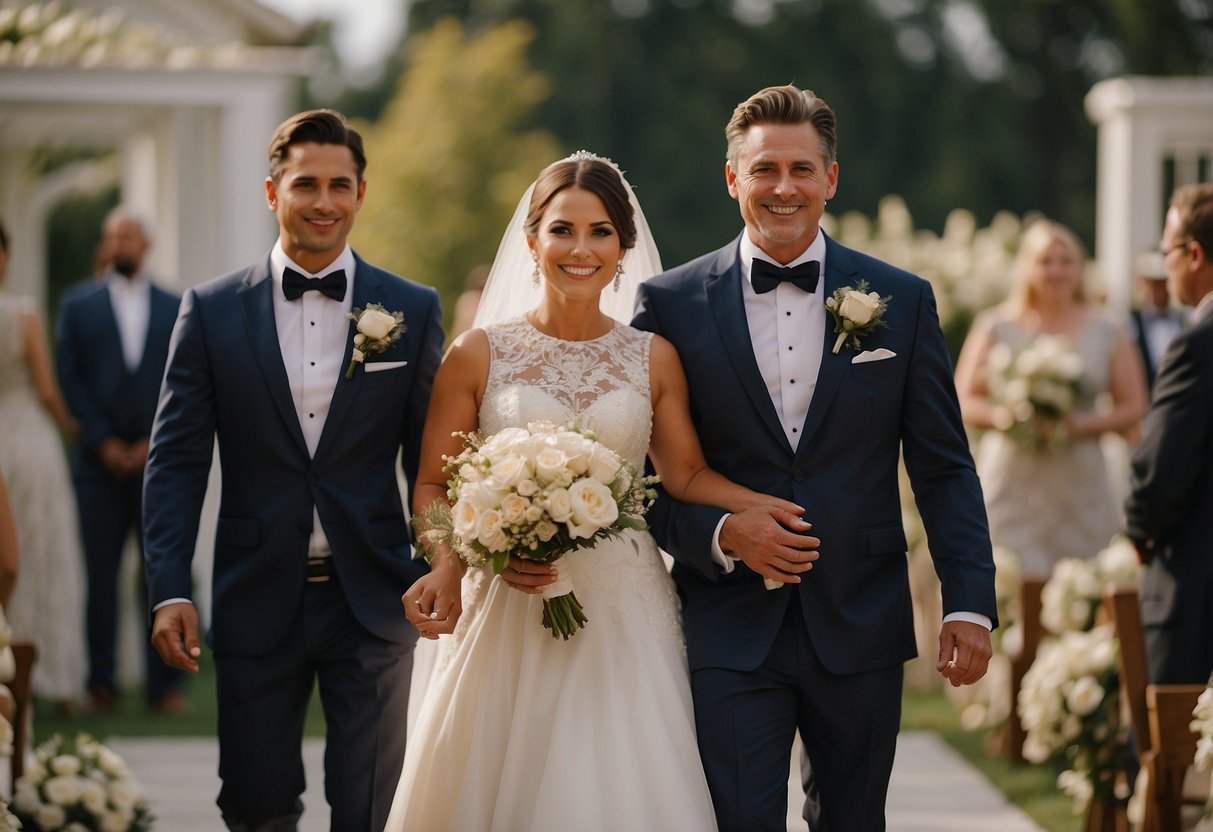 The bride's parents enter first, followed by the groom's parents. Then the groom enters with his best man, and finally, the bride enters with her father