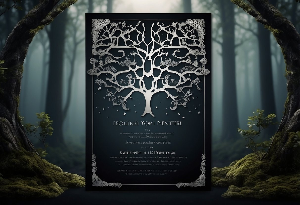 Elegant, black lace invitations with silver foil accents float in a moonlit forest, surrounded by eerie, twisted trees on a Friday the 13th night