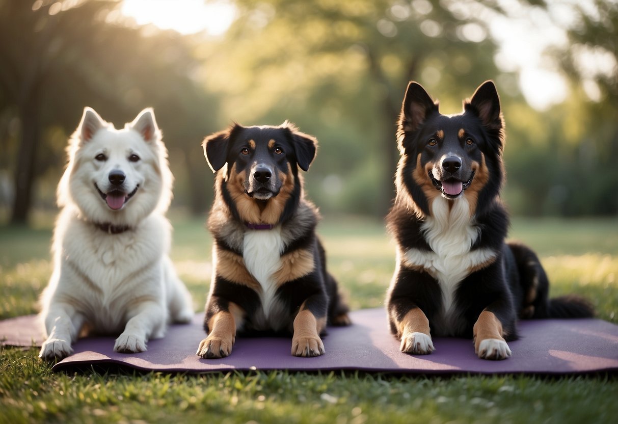 Dogs of various breeds and sizes are peacefully practicing yoga poses in a serene and natural setting, surrounded by calming colors and soft lighting