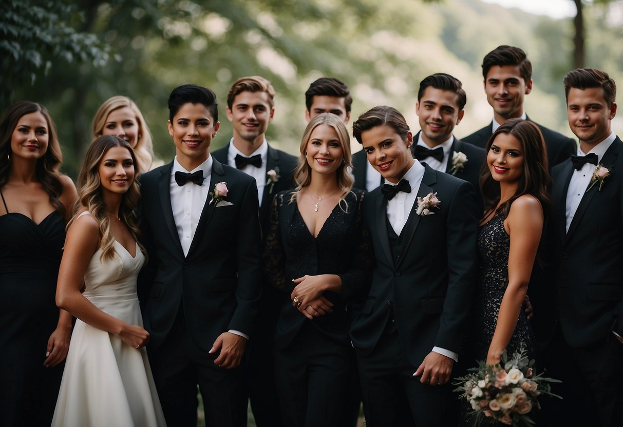 A group of people in dark formal attire gather for a wedding on Friday the 13th