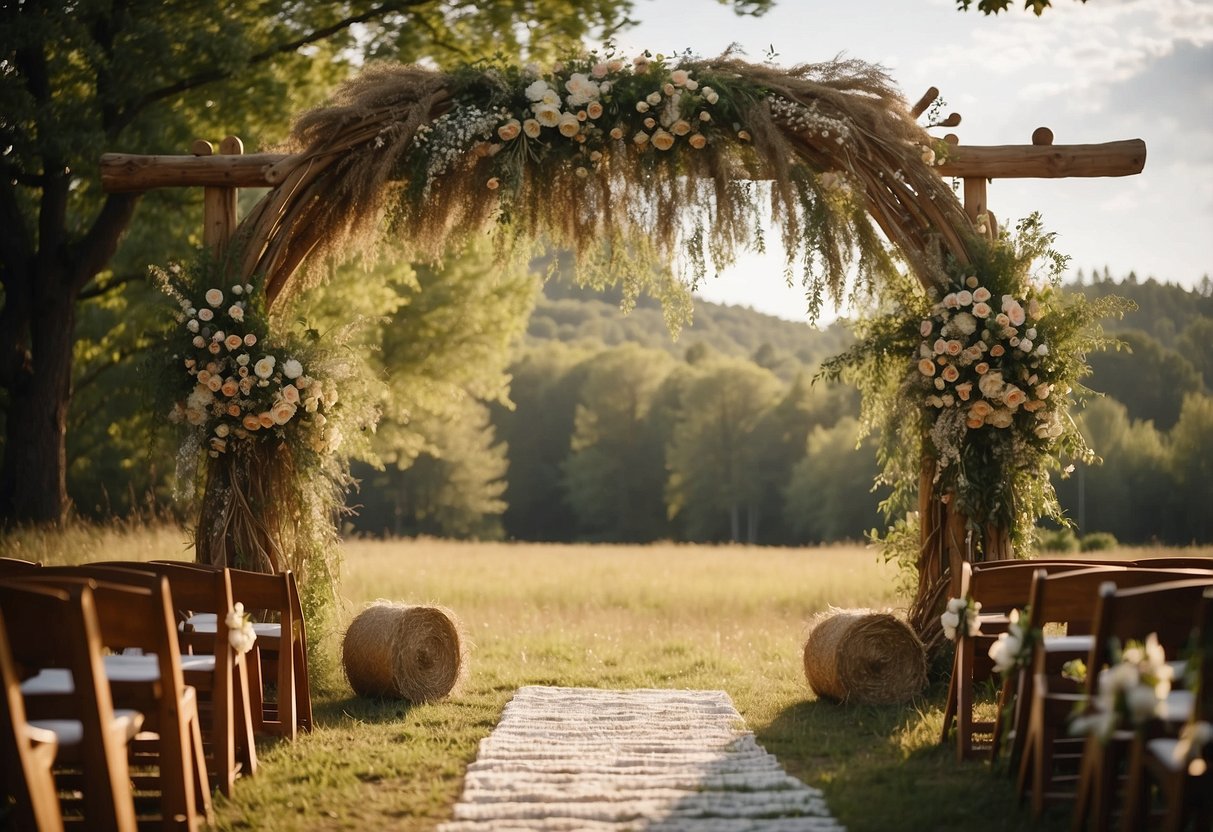 A rustic outdoor wedding with bales of hay, wildflowers, and fairy lights under a canopy of trees. A wooden arch adorned with flowers stands at the center