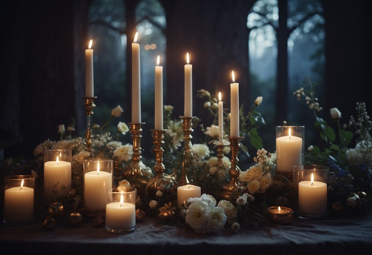 A moonlit clearing with intertwined ribbons, candles, and floral arrangements. A sacred altar adorned with symbolic objects, surrounded by mystical energy