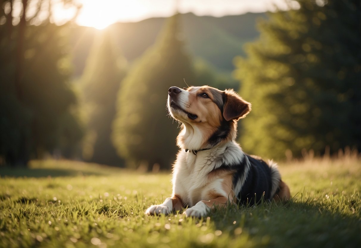 A dog peacefully practicing yoga poses on a grassy field, surrounded by nature and sunlight