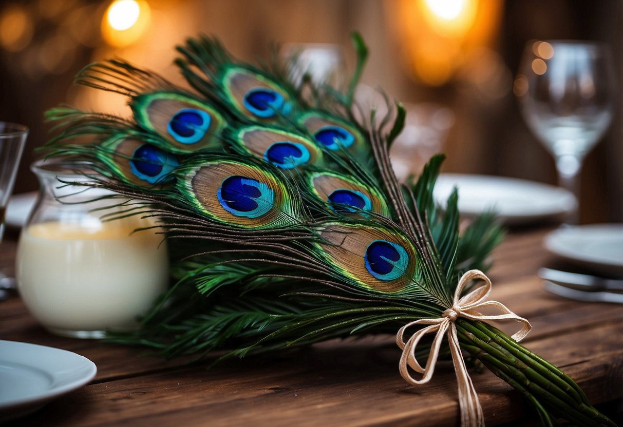 A vibrant peacock feather bouquet adorns a rustic wedding table, setting the stage for a unique and elegant Friday the 13th celebration