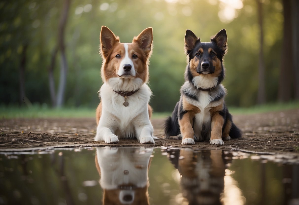 Dogs in various yoga poses, surrounded by calming nature elements like trees and flowers. Peaceful and serene atmosphere