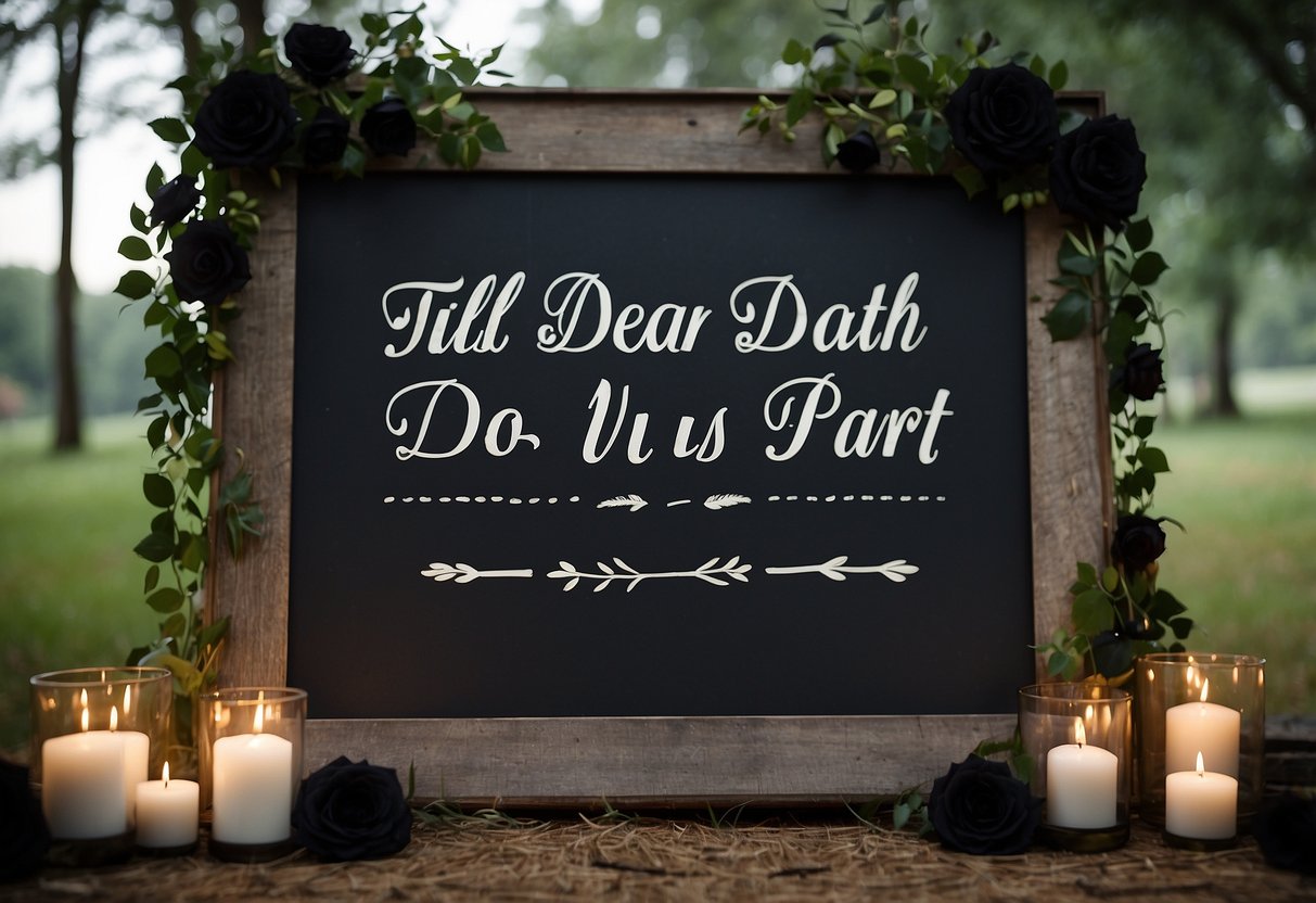 A weathered "Till Death Do Us Part" sign hangs above a rustic wedding altar, surrounded by black roses and eerie candlelight