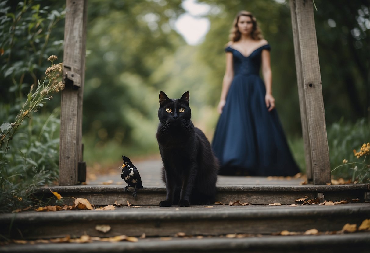 A black cat crosses the path of a bride and groom under a ladder, with broken mirrors and a single crow perched nearby