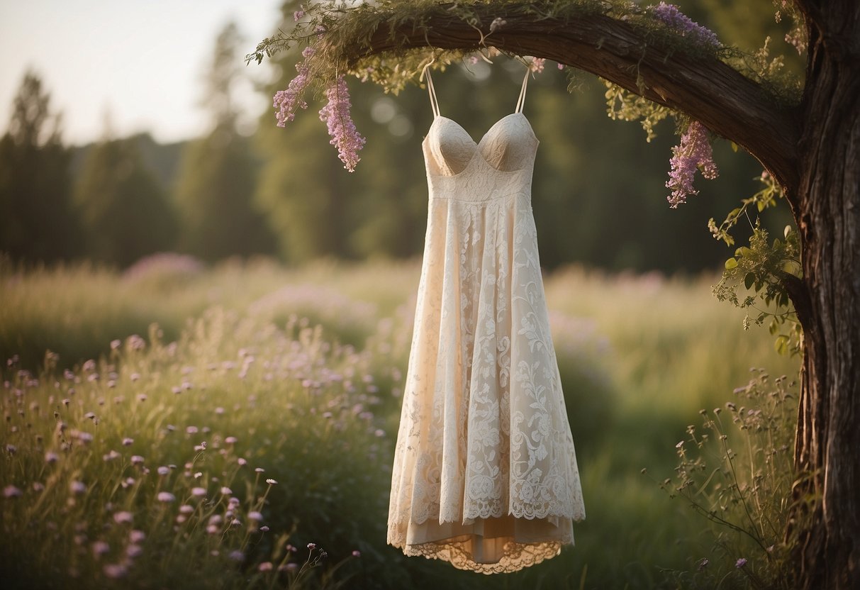 A vintage lace wedding dress hangs from a rustic wooden hanger, surrounded by wildflowers and burlap accents