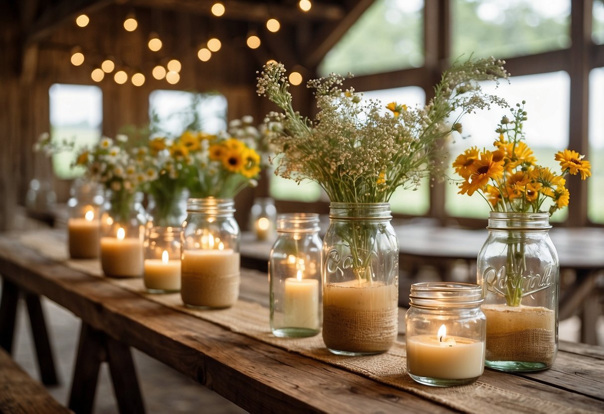 A rustic barn setting with mason jar lanterns, burlap table runners, and a wooden sweet tea bar adorned with wildflowers