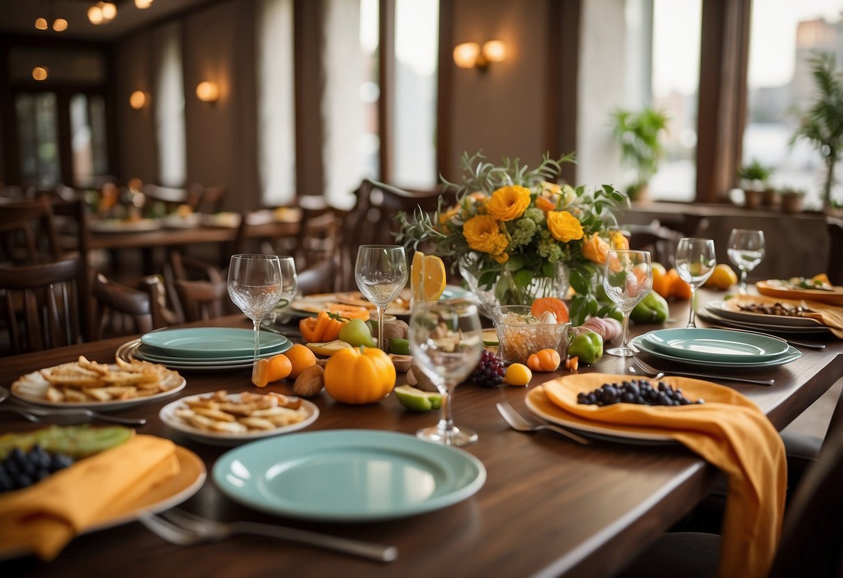 A table set with mismatched plates and colorful napkins, filled with platters of hearty food and surrounded by mismatched chairs