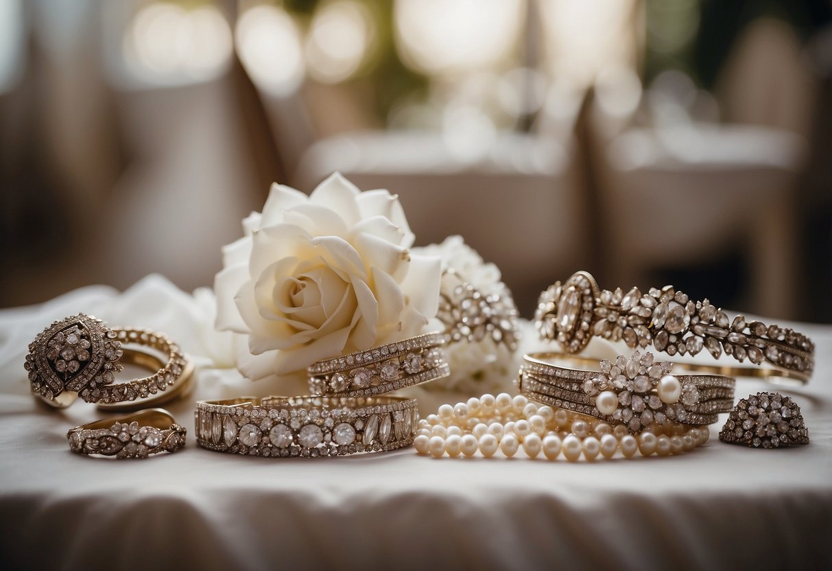 A table displays a collection of borrowed bridal accessories, including veils, tiaras, and jewelry. A price tag indicates affordability