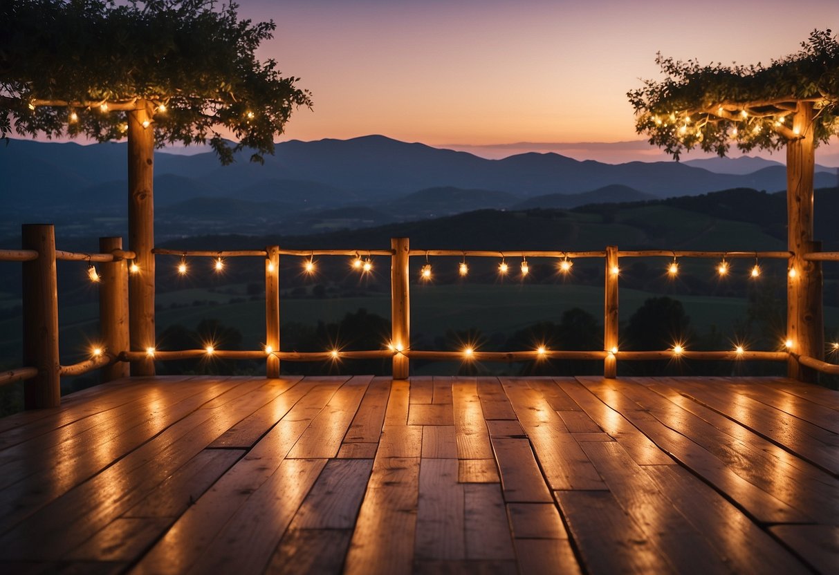 A rustic wooden dance floor under string lights, surrounded by rolling hills and a beautiful sunset